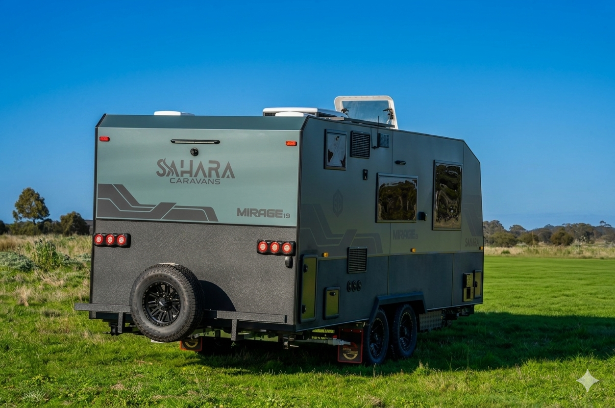 Sahara Caravans van parked in an open Australian paddock